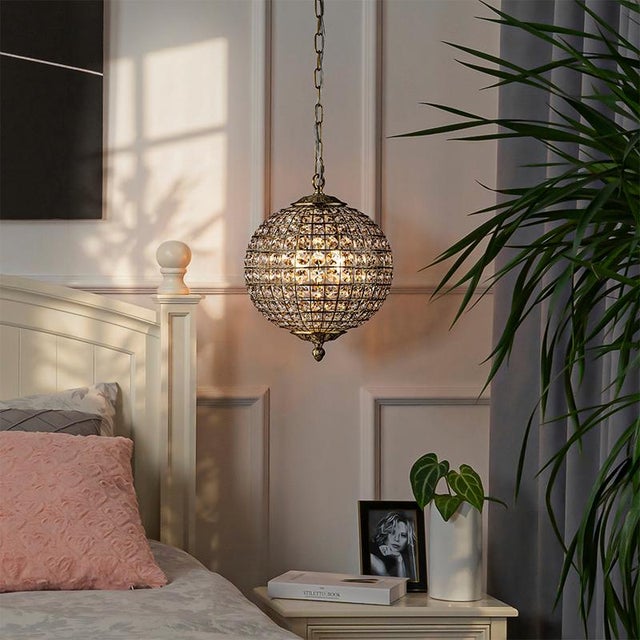 2020s Vintage Aloadecor 2-Light W12 In. Warm Brass Globe Chandelier Small Crystal Chandelier Cage-Style Shade Pendant Light For Sale - Image 5 of 10