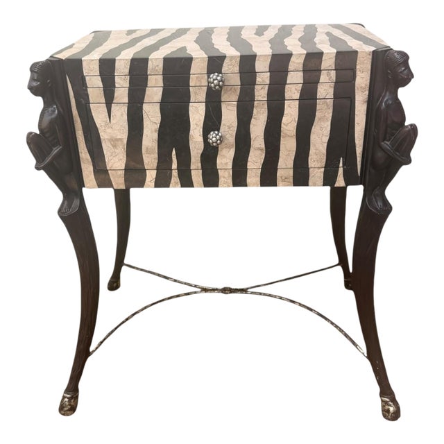 Vintage Tessellated Stone Zebra Pattern Side Table Attributed to Maitland-Smith With Sculptural Figural Supports For Sale