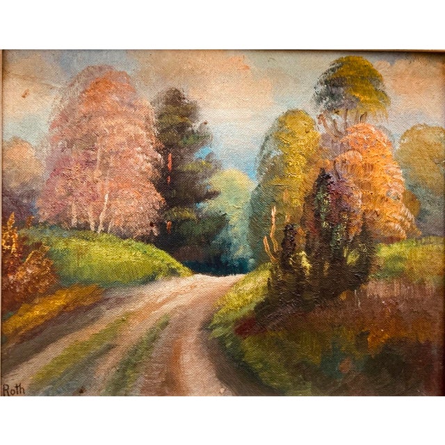 Vintage Oil Painting Autumn Landscape Giltwood Carved Frame Mid-Century For Sale - Image 16 of 18