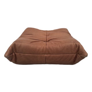 French Cognac Neck Leather Togo Pouf attributed to Michel Ducaroy for Ligne Roset For Sale