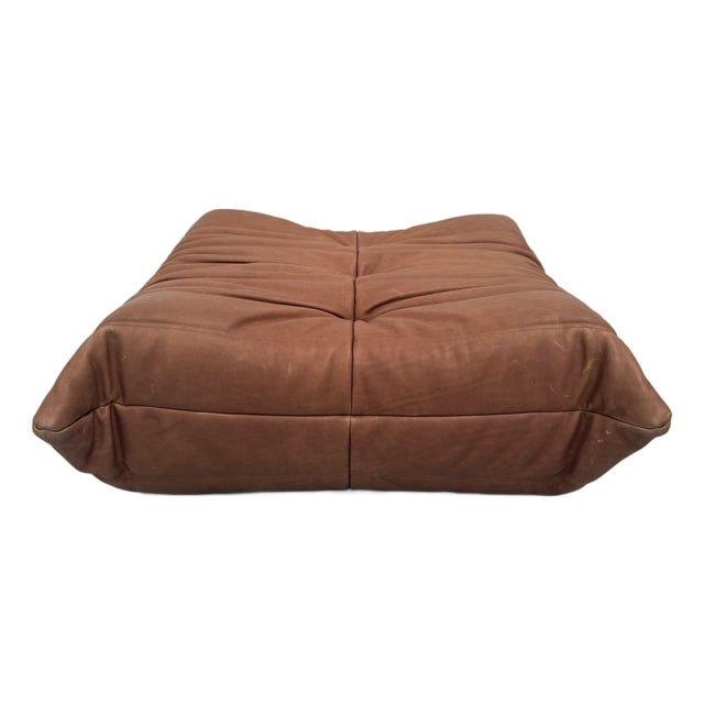 French Cognac Neck Leather Togo Pouf attributed to Michel Ducaroy for Ligne Roset For Sale
