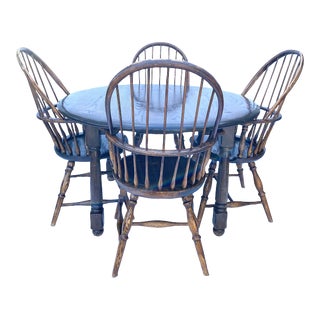 Late 20th Century Vintage Wooden Windsor Sack Back Captains Chairs Set of (4) and Dining Table For Sale