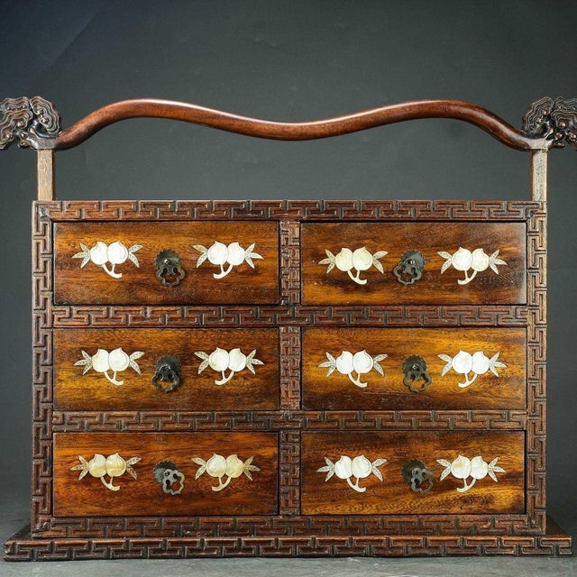 1980s Huanghuali Six-Drawer Chest / Vanity Organizer With Mother-of-Pearl Inlay For Sale - Image 4 of 9
