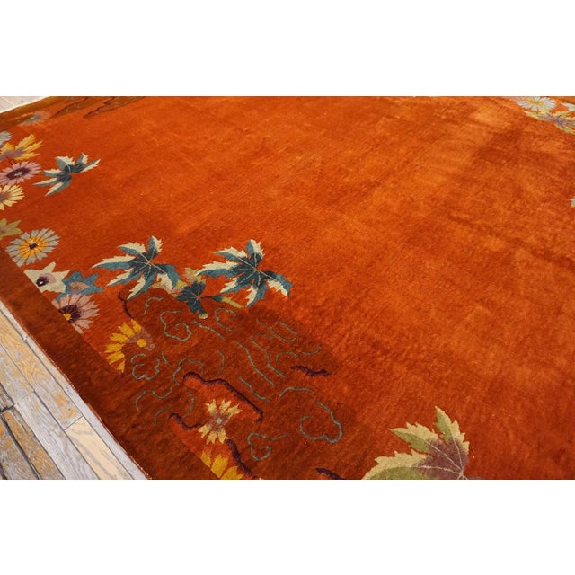 Striking Multi Color Daisies in a Floral Design With Orange-Terra-Cotta Ground Color Antique Chinese Art Deco Rug For Sale - Image 12 of 12