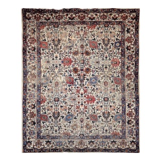 Vintage Persian Tabriz Rug, Hand-Knotted Wool, Allover Geometric Pattern, Ivory & Blue, 8x10 For Sale