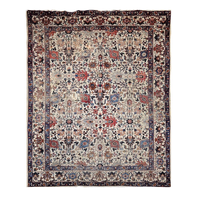 Vintage Persian Tabriz Rug, Hand-Knotted Wool, Allover Geometric Pattern, Ivory & Blue, 8x10 For Sale