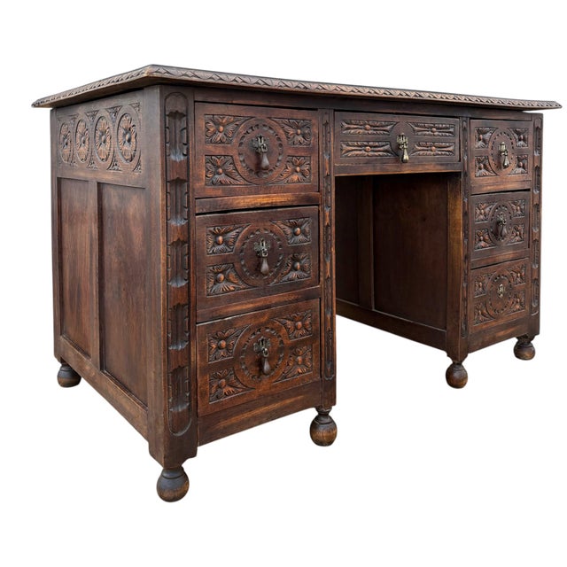 Antique Spanish Carved Oak Desk, 1910 For Sale - Image 10 of 10