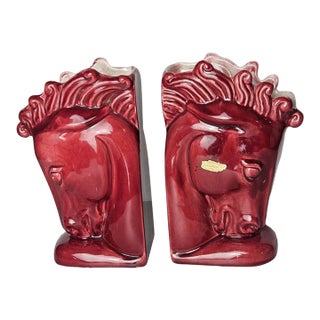 Vintage Royal Haeger Burgundy Ceramic Horse Head Bookend Planters — Pair For Sale