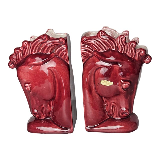 Vintage Royal Haeger Burgundy Ceramic Horse Head Bookend Planters — Pair For Sale