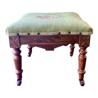 Early 1900s Victorian Eastlake Needlepoint Footstool With Casters For Sale