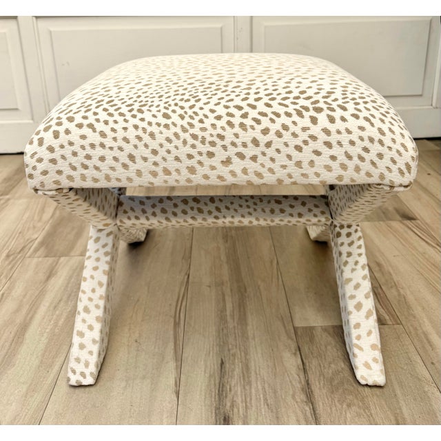 Vintage X-Frame Stool in Cream & Tan Animal Print Upholstery For Sale In Los Angeles - Image 6 of 10