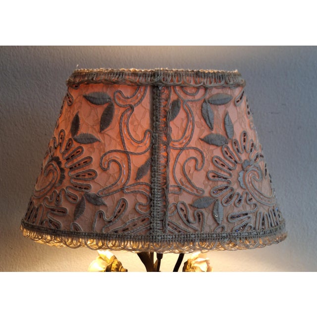 Beige Art Deco French Table Lamp with Metal Frame, Porcelain Flowers, and Fabric Shade, 1930s For Sale - Image 8 of 11