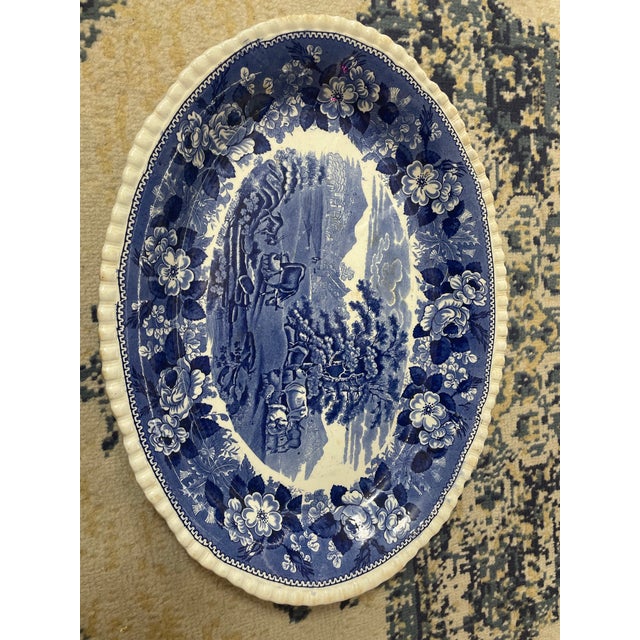 English Antique Adams English Blue and White Cattle Scenery Platter For Sale - Image 3 of 6
