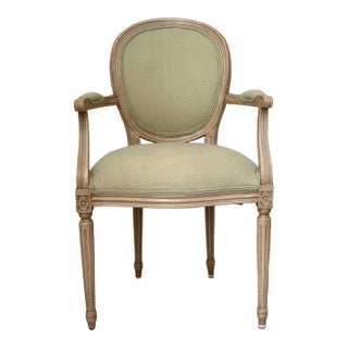 French Country Ethan Allen Light Color Wood and Light Green Fabric Accent Chair For Sale