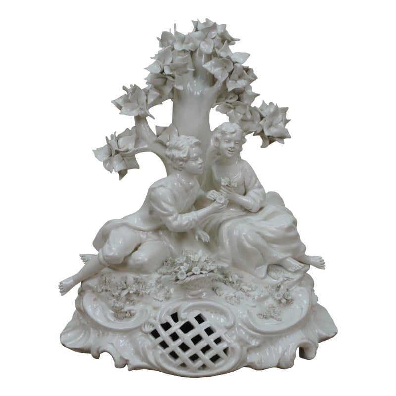 Mid 20th Century Italian Capodimonte Courting Couple Lovers Under Tree Figurine