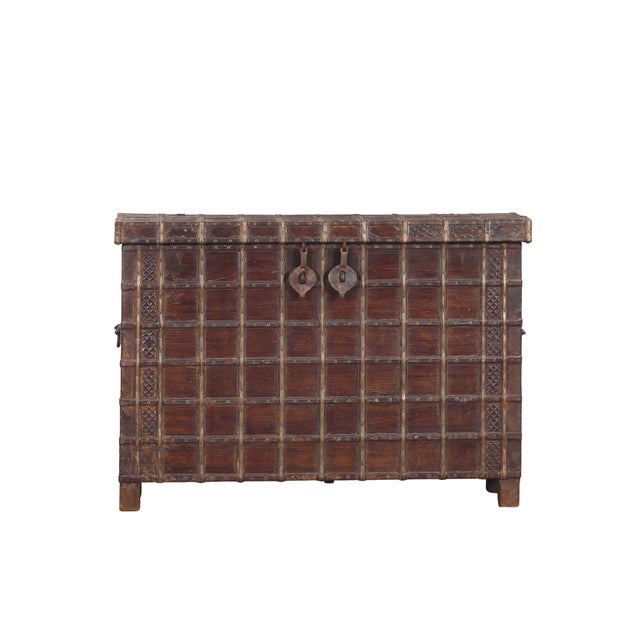 Antique Indian Teakwood and Brass Pitara Chest Console For Sale - Image 4 of 8