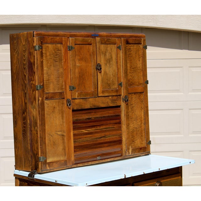 Brown Antique Early 1900s Hoosier Cabinet Dutch Kitchenet Solid Wood Enamel Pull-Out Work Surface Coppes Brothers & Zook Original Hardware For Sale - Image 8 of 15