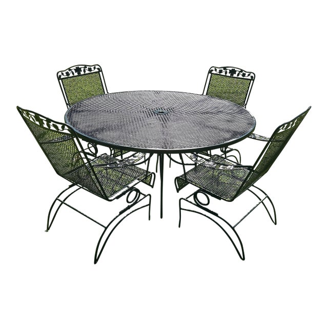 Vintage Wrought Iron Patio Large Table & 4 Rockers with Stand For Sale