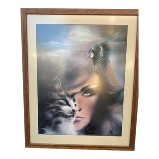 1980s Vintage Luc Genot "L'Océane" Fantasy Cat Woman Framed Lithograph Print - Verkerke Gallery For Sale