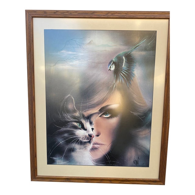 1980s Vintage Luc Genot "L'Océane" Fantasy Cat Woman Framed Lithograph Print - Verkerke Gallery For Sale