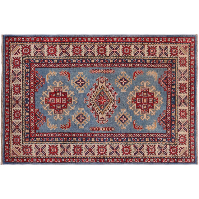 Beige Southwestern Kazak Light Blue/Beige Wool Rug - 3'1''x4'5'' For Sale - Image 8 of 10