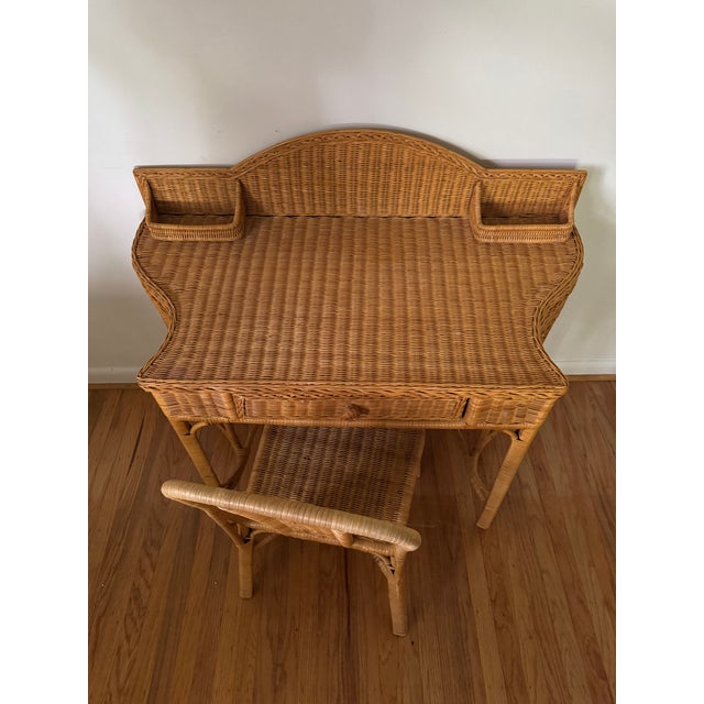 Vintage Wicker Writing Desk or Vanity With Matching Chair For Sale - Image 4 of 7