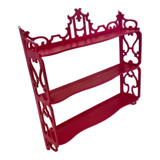 Vintage Mid-Century Newly Painted Berry Pink Chinouserie Hanging Etergere Wall Shelf For Sale