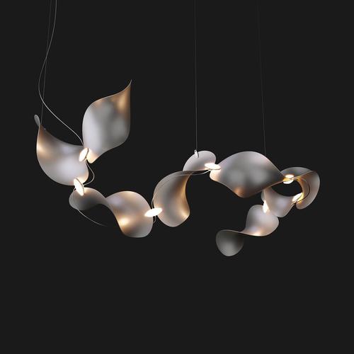 Dune 8 curve chandelier in aluminum with silver anodized finish by moss objects. Dimensions: w 80 x d 129 x h 45 cm....