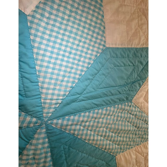 Vintage Handmade Quilted Turquoise and White Lone Star Quilt For Sale - Image 9 of 15