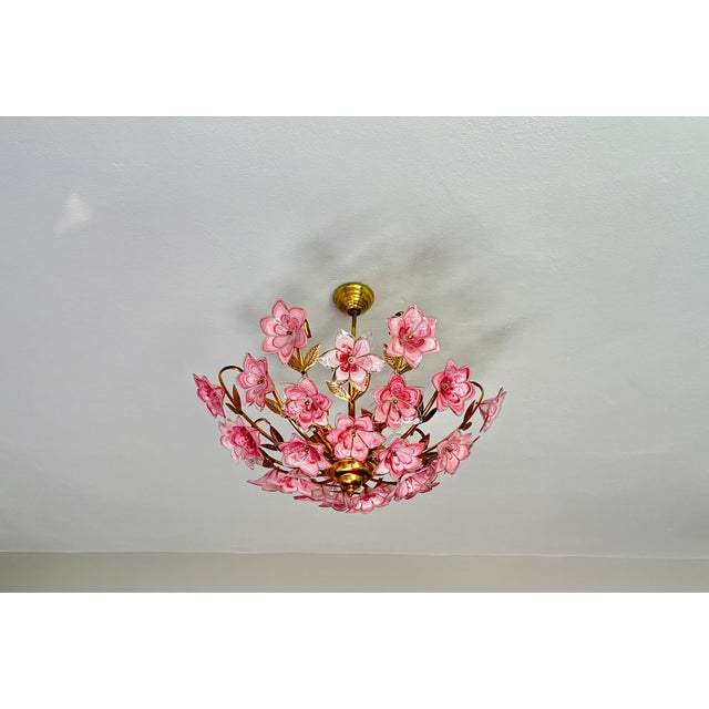 Pink Vintage Murano Glass Floral Chandelier – Rare Deep Pink Flowers, Flush Mount For Sale - Image 8 of 18