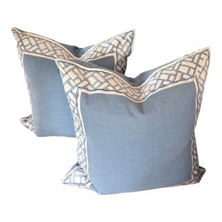Blue and White Pillows With Brunschwig Trellis Tape From Kips Bay Showhouse For Sale