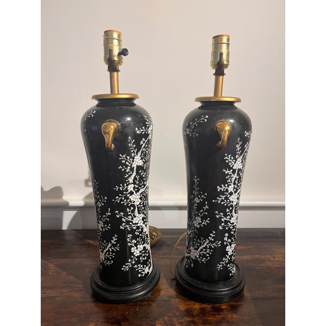 1970s Chinoiserie Black and White Cherry Blossom Tall Lamps With Gold Elephant Head Rings - A Pair For Sale In New York - Image 6 of 11