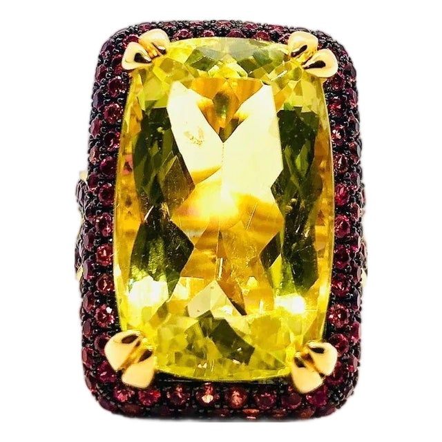 Bochic “Orient” Vintage Natural Ruby & Lemon Quartz Ring Set In 18 K Gold & Silver For Sale