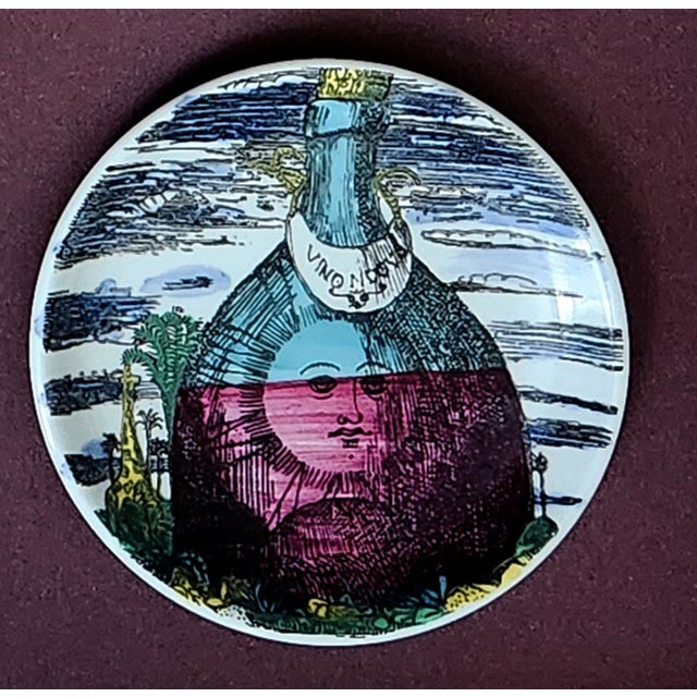Piero Fornasetti Piero Fornasetti “12 Mesi, 12 Soli” Porcelain Coaster, November, Sun in a Wine Bottle, Framed For Sale - Image 4 of 5