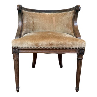 Louis XVI Style Barrel-Shaped Wood, Velvet, Brass Desk Chair with Ram's Heads, 1890s For Sale