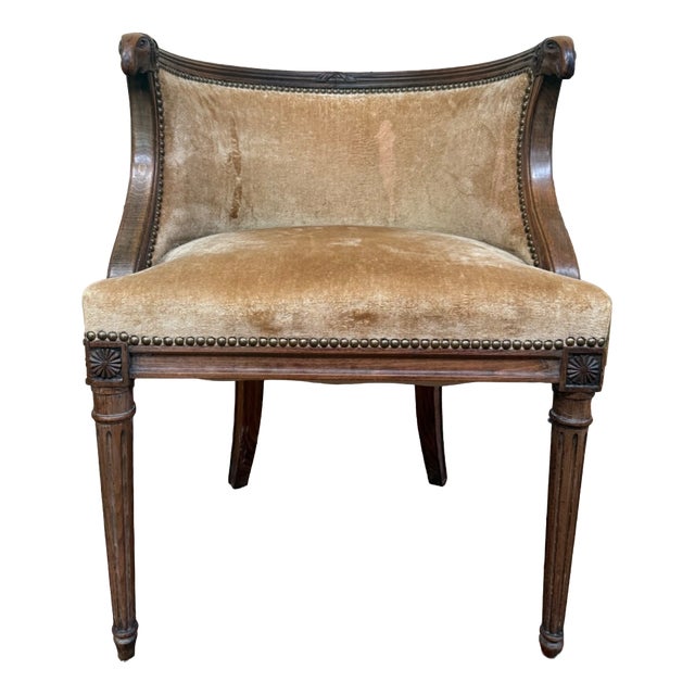 Louis XVI Style Barrel-Shaped Wood, Velvet, Brass Desk Chair with Ram's Heads, 1890s For Sale
