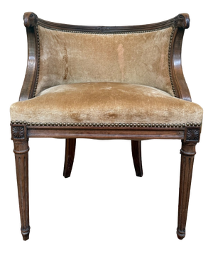 Louis XVI Style Barrel-Shaped Wood, Velvet, Brass Desk Chair with Ram's Heads, 1890s