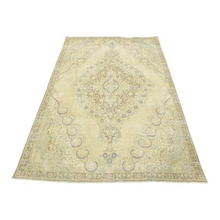 Tabriz Rug 7'5'' X 10'4'' Beige Wool Vintage Distressed Hand-Knotted Carpet For Sale