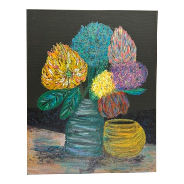 Original Canvas Painting of Vibrant Exotic Flowers & Gold Bowl For Sale