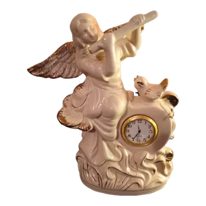 1960s Beige Porcelain Angel With Flute & Bird Mini Quartz Clock Figurine