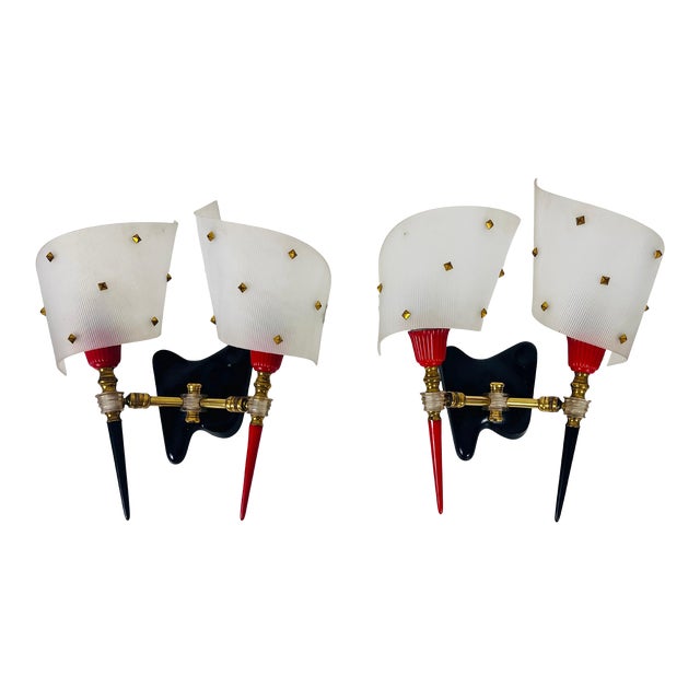 Brass and Plexiglass Wall Lamps by Maison Arlus, 1960, France - A Pair For Sale