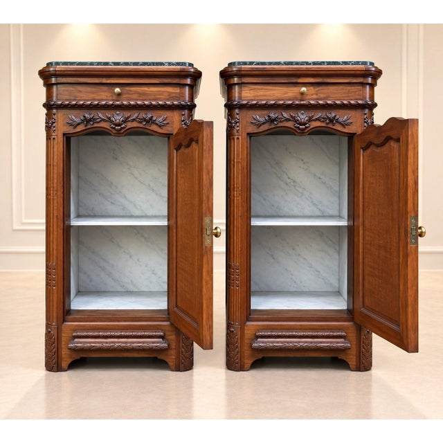 Napoleon III Bedside Tables in Carved Walnut and Sea Green Marble For Sale - Image 5 of 6