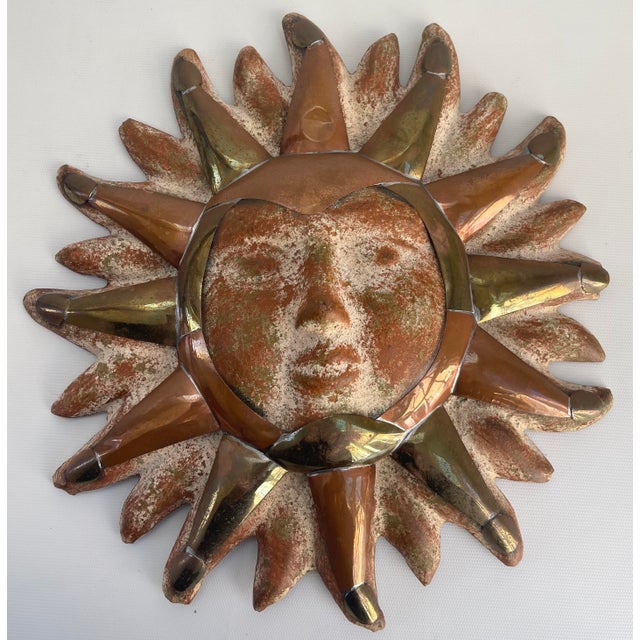 Metal Vintage Celestial Brass, Copper & Pottery Sun Face Wall Hanging For Sale - Image 7 of 7