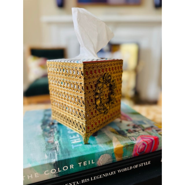 Midcentury Brass Tissue Box Holder With Floral Motif For Sale - Image 4 of 5