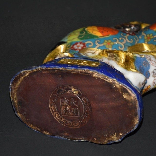 Cloisonne Enamel Crane Sculpture – 15" Pair of Red-Crowned Cranes on Rock Base For Sale - Image 9 of 9