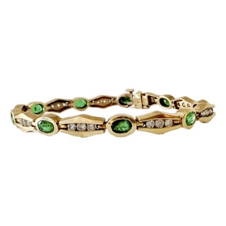 Vintage 14k Yellow Gold Emerald & Diamond Bar-Link Bracelet For Sale