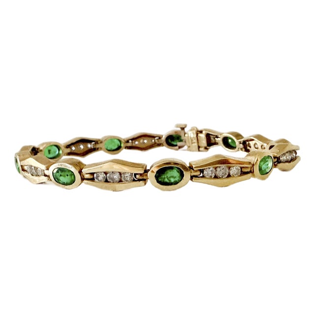 Vintage 14k Yellow Gold Emerald & Diamond Bar-Link Bracelet For Sale