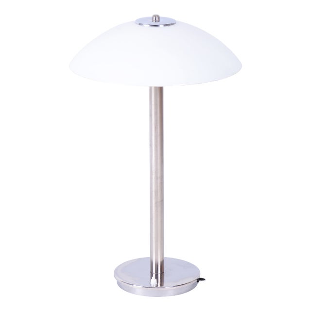 Bauhaus Table Lamp in Chrome, Steel, and Opaline Glass, Czech, 1930s For Sale