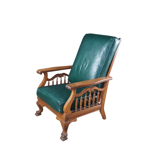 Victorian Antique Victorian Quartersawn Oak Vinyl Reclining Morris Arm Chair Lion Paw Feet For Sale - Image 3 of 14