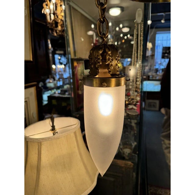 Metal Antique Brass Three Light Tudor Revival Quatrefoil Pattern Chandelier For Sale - Image 7 of 12